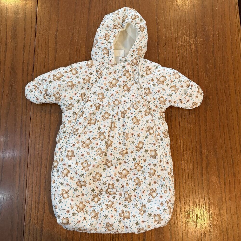 Vintage 90s Kids N Fun Baby Bunting One Size Teddy Bear Print Hooded Snowsuit